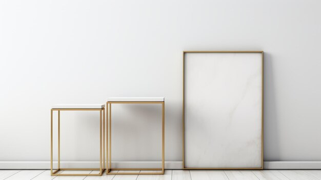 Golden Frame Side Table And Marble Pedestals In Minimalistic White Interior