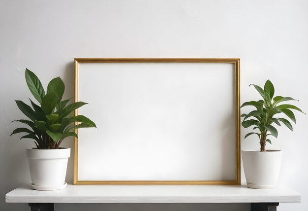 golden frame with blank white canvas surface next to a small potted plant frame mockup