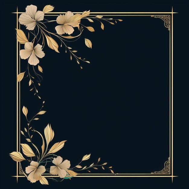 Фото Золотая рамка с цветами и листьями на черном фоне