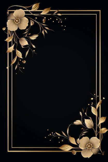 Photo golden frame with flowers and leaves on a black background