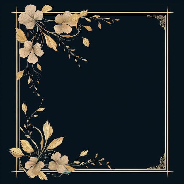 Golden frame with flowers and leaves on a black background