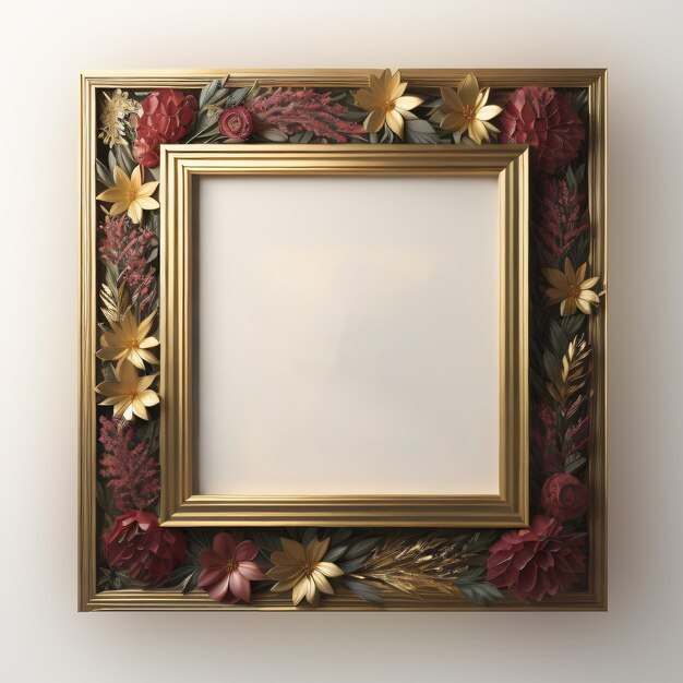 Golden frame with flowers and leaves over white background Ai generative