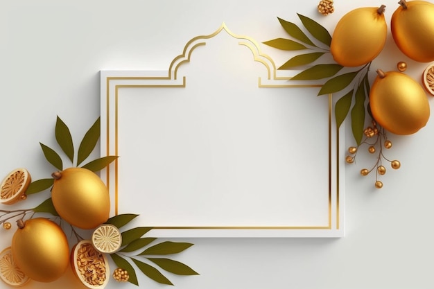 Golden frame with fruits and leaves on a white background
