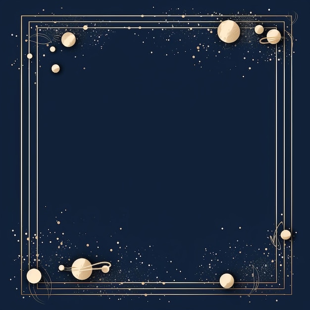 사진 어두운 파란색 배경 에 행성 과 별 들 이 있는 금색 프레임