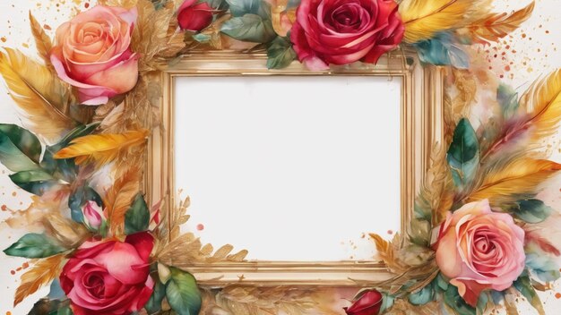 Photo golden frame with red rose and golden feathers