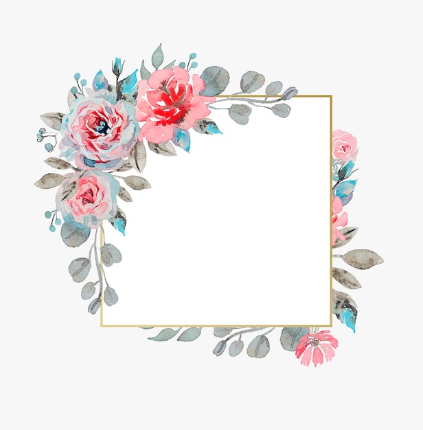 Golden frame with watercolor handmade roses wedding floral ornament