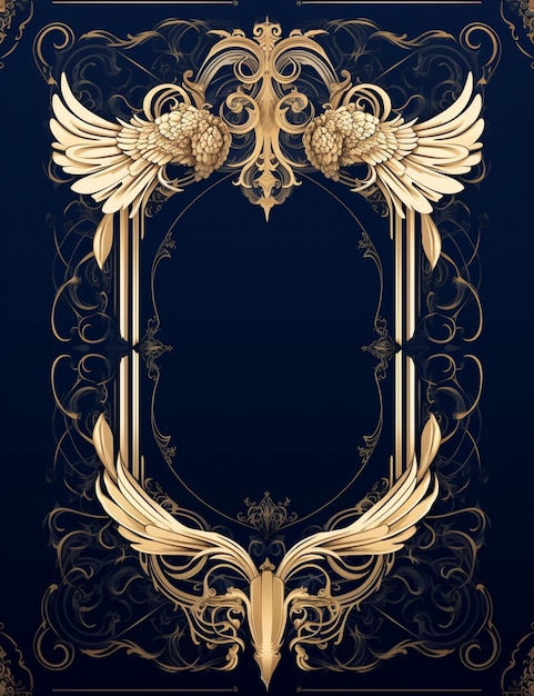 Golden frame with wings and scrolls on a blue background generative ai