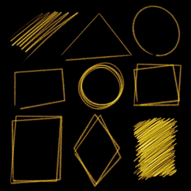 Золотые рамки. Иллюстрация различных форм и линий на черном фоне.