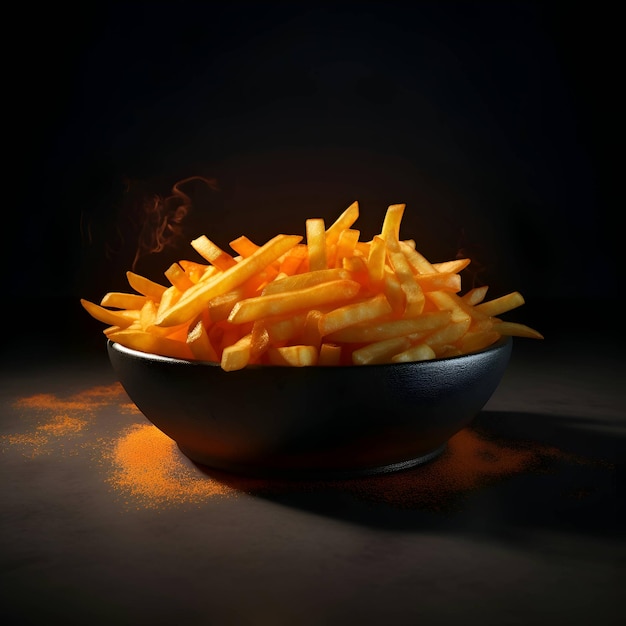 Golden French fries in black bowl on dark background Selective focus