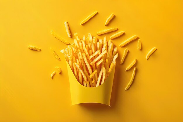 Golden french fries in paper box on yellow background top view generative ai