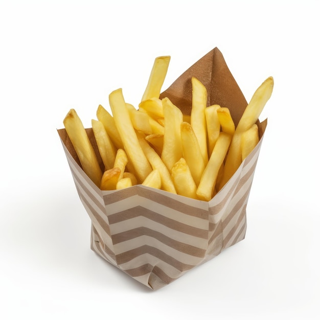 Golden french fries served in a classic paper container on a table