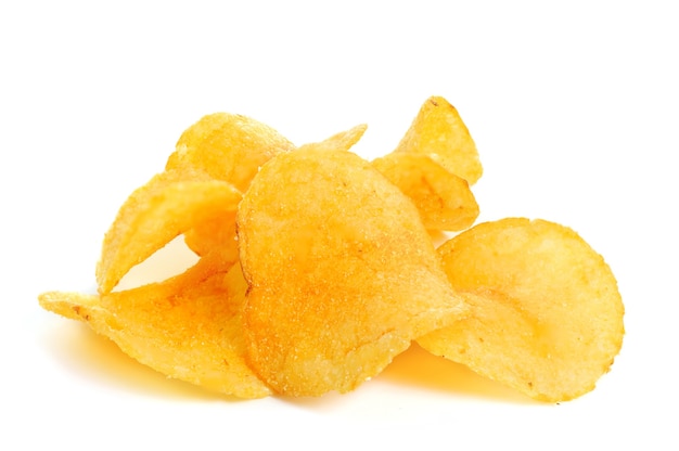 Golden fresh chips, isolated on white, macro