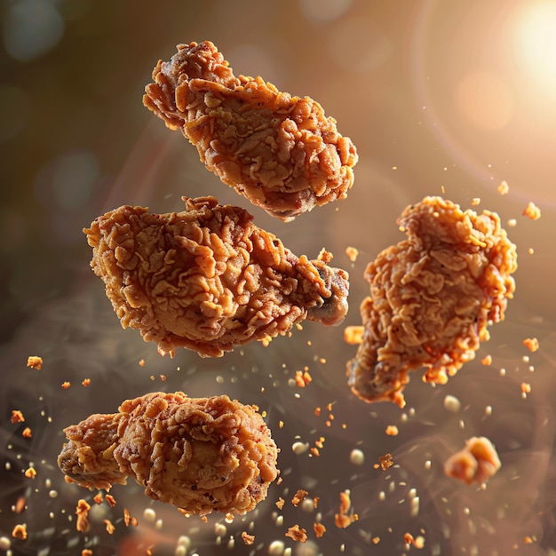 Golden Fried chicken flying in the air on dark background