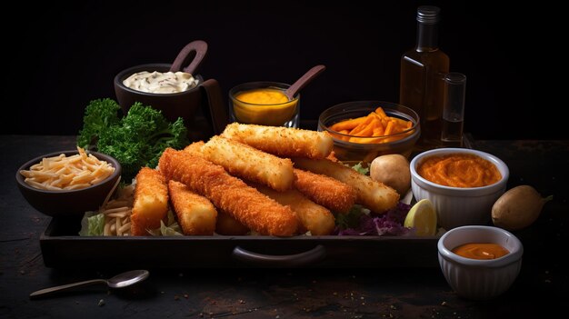 Golden fried fish fingers on a wooden board