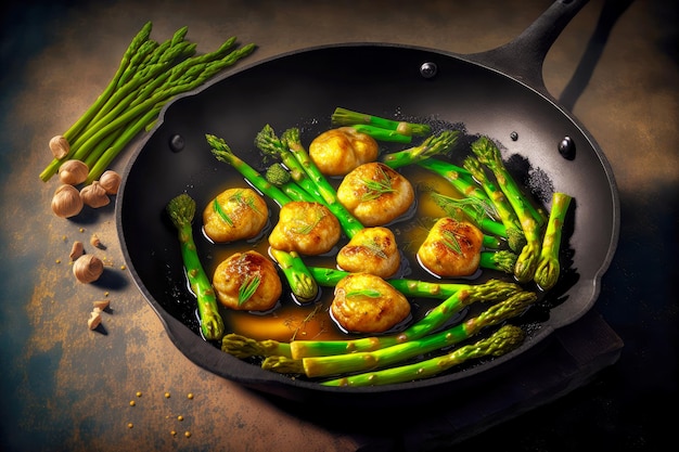 Golden fried mushrooms in frying pan with green asparagus and melted butter