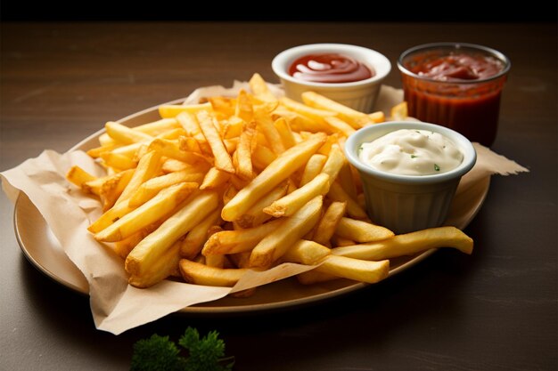 Golden fries served with a side of sour cream and ketchup