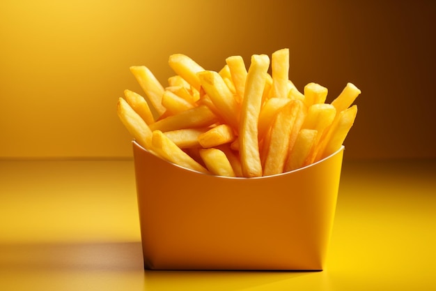 Golden fries in a yellow fast food box isolated