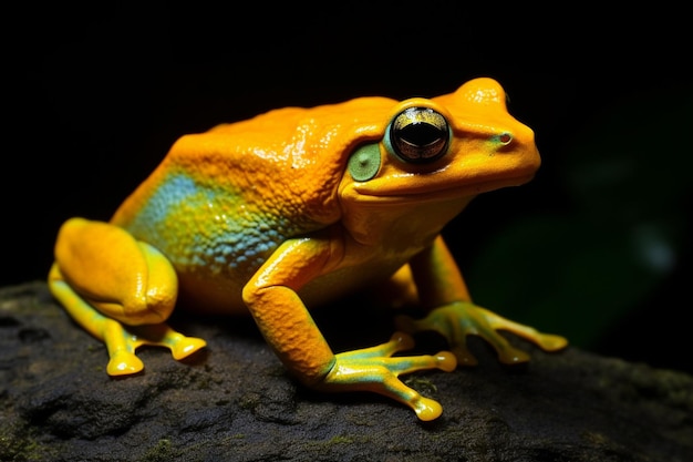 A golden frog sits on a rock with a dark background.