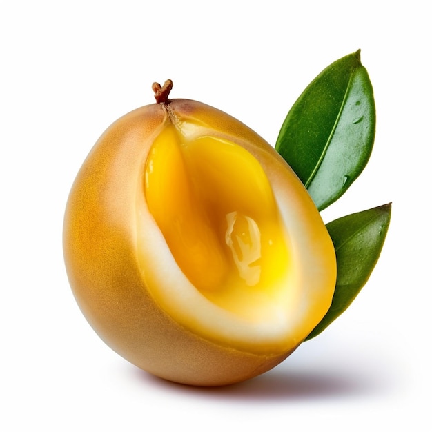 A golden fruit with a leaf that has the word mango on it.