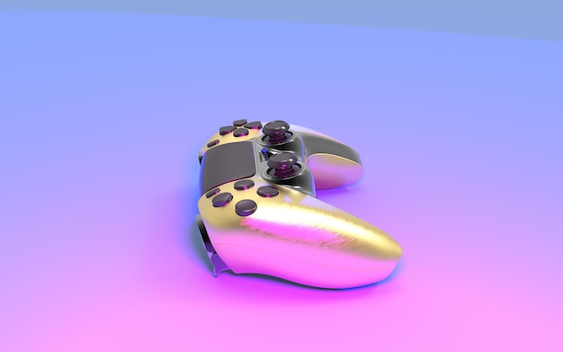 Golden gaming controller with a neon background