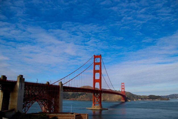Golden gate bridge over bay against blue sky