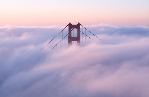 Golden Gate Bridge covered in clouds during the sunset in the evening in California