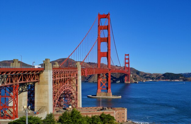 Golden gate bridge over san francisco bay against clear blue sky