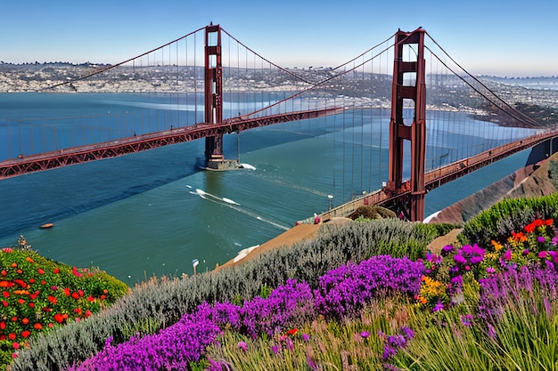 Golden Gate Bridge San Francisco purple flowers California