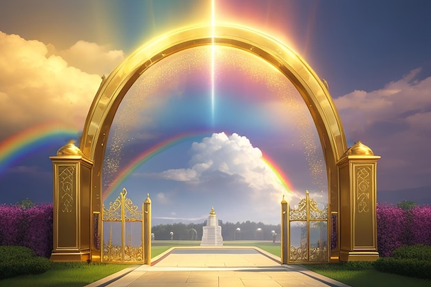 Photo golden gates with flower paths and a rainbow