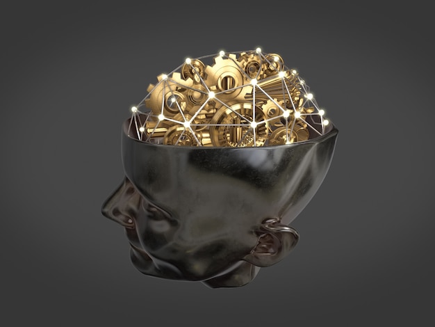 Golden gears and machine part in shape of brain on human head, intelligence work concept,Abstract brain.3D rendering