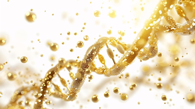 Golden geometric background and swirls of DNA molecules medical 3D rendering concept illustration