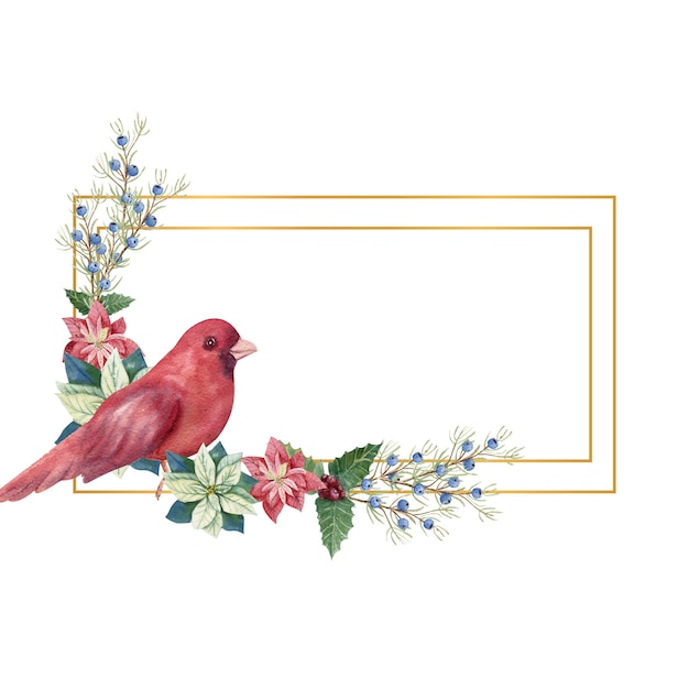 Photo golden geometric frame with winter d cor and red bird. watercolor christmas illustration