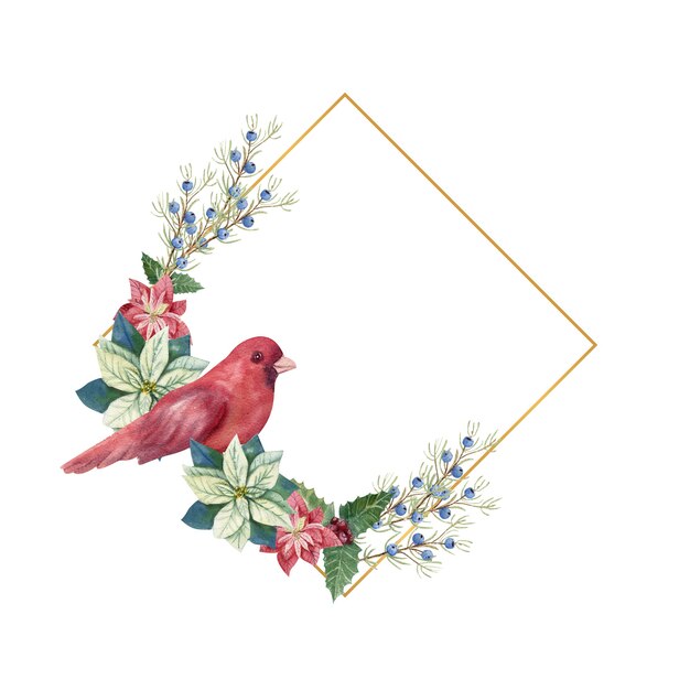 Golden geometric frame with winter d cor and red bird. Watercolor Christmas illustration