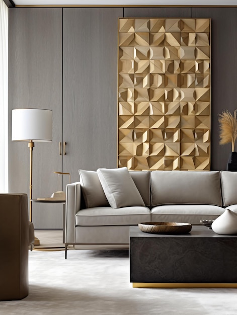 Golden geometric volumetric painting in an elegant living room in light gray and gold colors AI generated AI generative AI generativ AI generated generative generativ