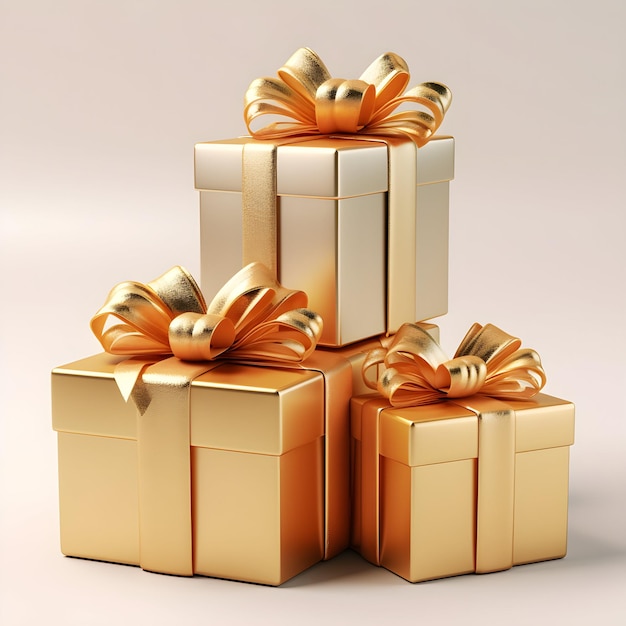 golden Gift 3d boxes and gold ribbon with white background