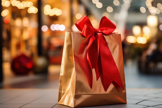 Golden gift bag with red bow on bokeh background