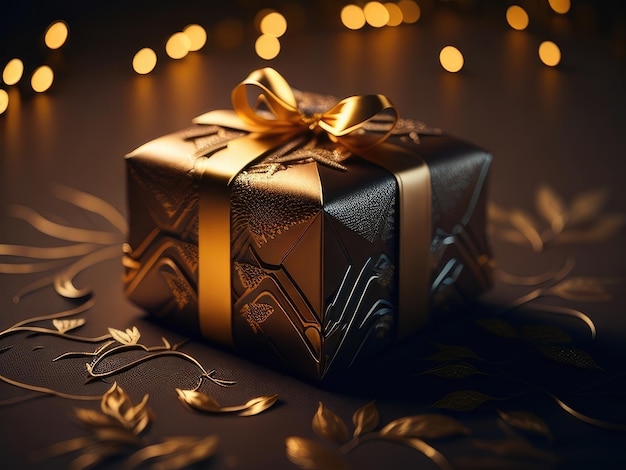 A golden gift box on a dark background