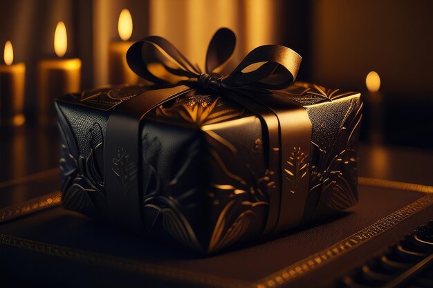 Photo a golden gift box on a dark background