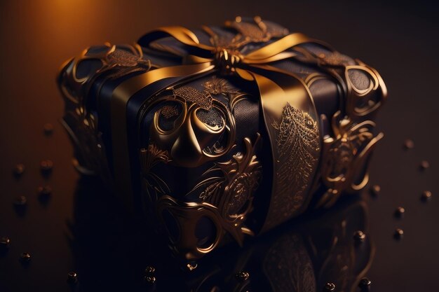 A golden gift box on a dark background