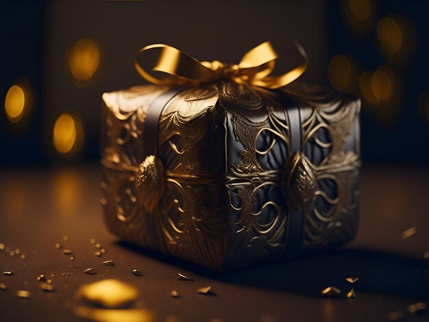 A golden gift box on a dark background