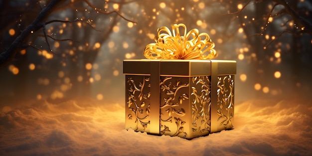 Golden gift box in winter forest 3D illustration Christmas background ia generated