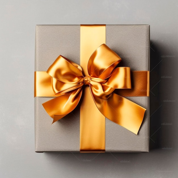 Золотая подарочная коробка с золотыми лентами на столе