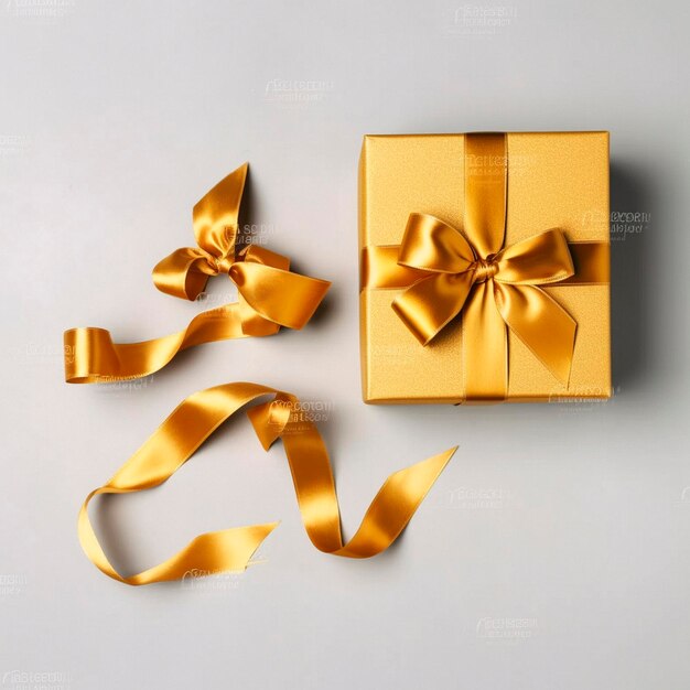 Golden gift box with gold ribbons on the table