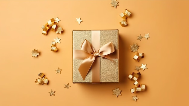 Golden Gift Box with Ribbon Flat Lay View Generative AI