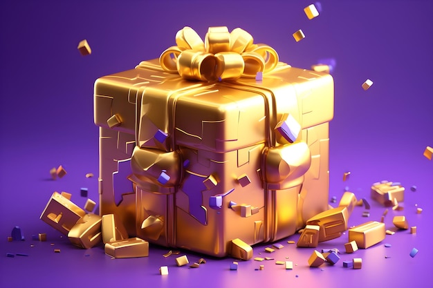 Golden gift box with violet background generated by ai