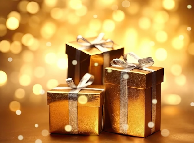 Golden gift boxes on abstract background