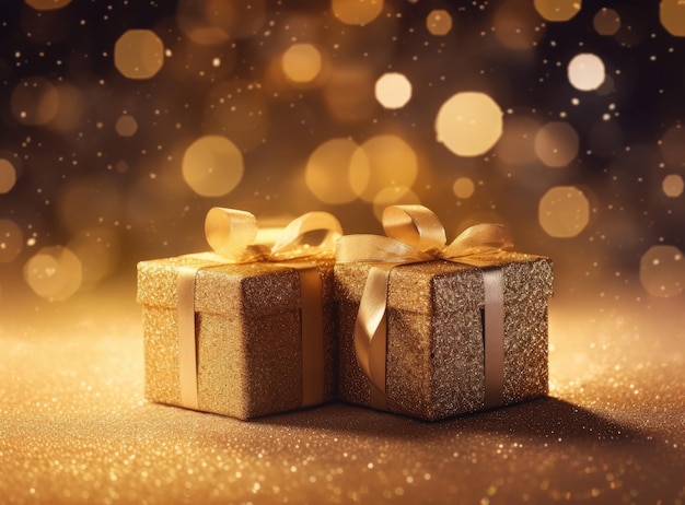 Golden gift boxes on abstract background