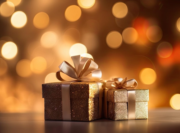 Golden gift boxes on abstract background