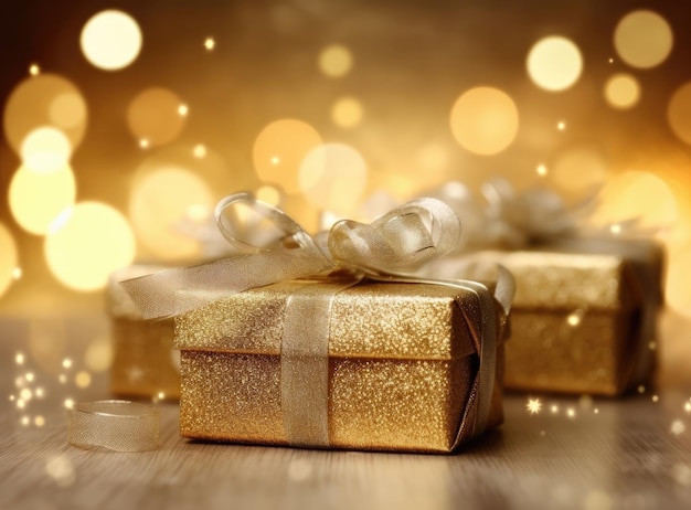 Golden gift boxes on abstract background