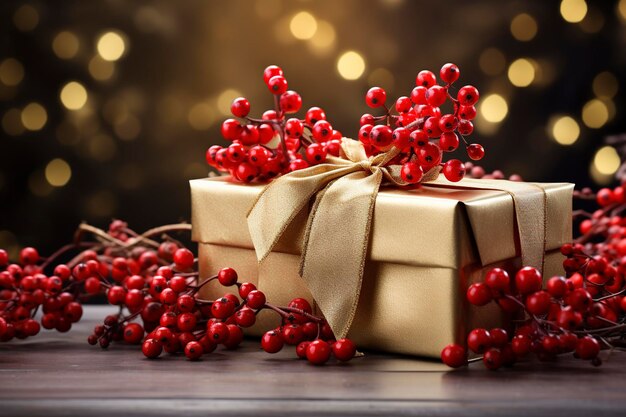 Golden gift with red berries christmas